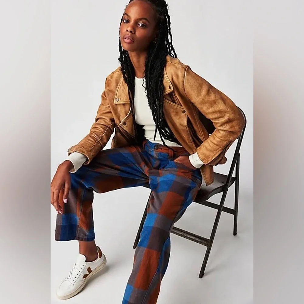 NWOT Free People Cass Plaid Slouch Indigo Combo Tapered Trousers Sz 6, 8